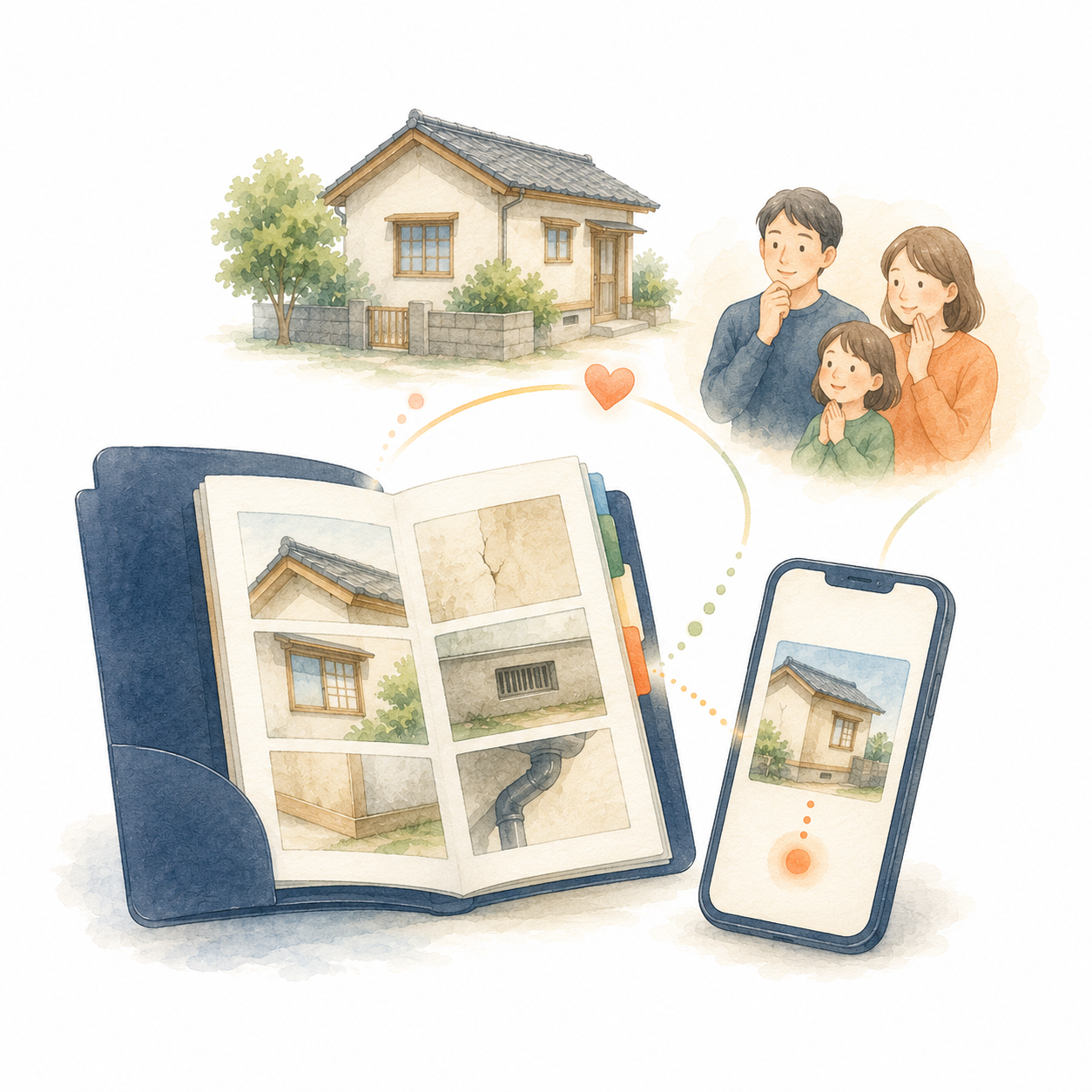 写真付きの点検報告書とスマートフォンを通じて、離れて暮らす家族と住まいの状態を共有する様子