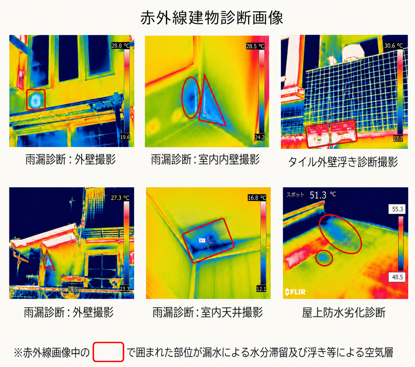 雨漏診断・タイル外壁浮き・屋上防水劣化など、実際の赤外線建物診断画像6点