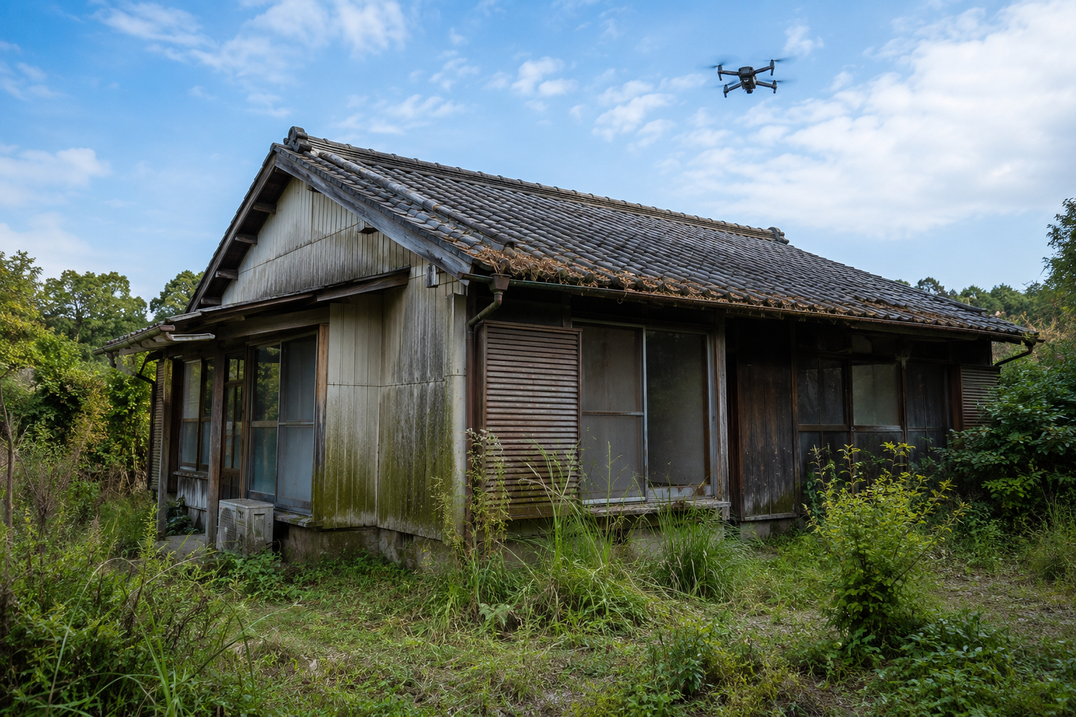 上空にドローンが飛ぶ、空き家となった木造平屋の外観写真
