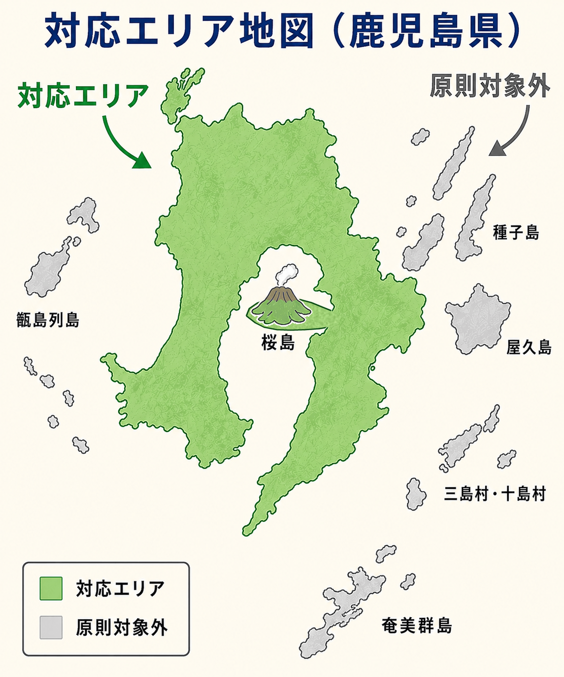 住環境ドックの対応エリア地図。鹿児島県本土は対応エリア、種子島・屋久島・奄美群島・三島村・十島村・甑島列島は原則対象外。