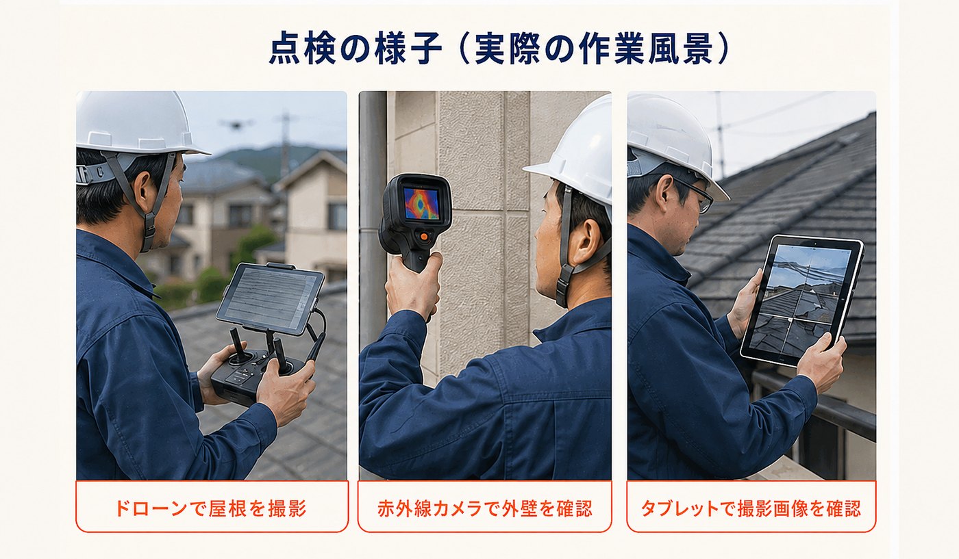 作業着姿の点検スタッフがドローン・赤外線カメラ・タブレットを扱う点検の様子